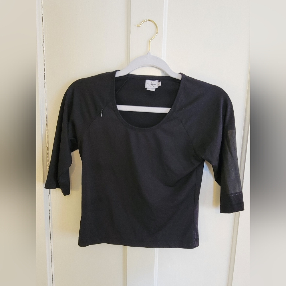 Vintage 90s Calvin Klein Jeans CK Crop Top 3/4 Sleeve Black Lycra Spandex Medium
